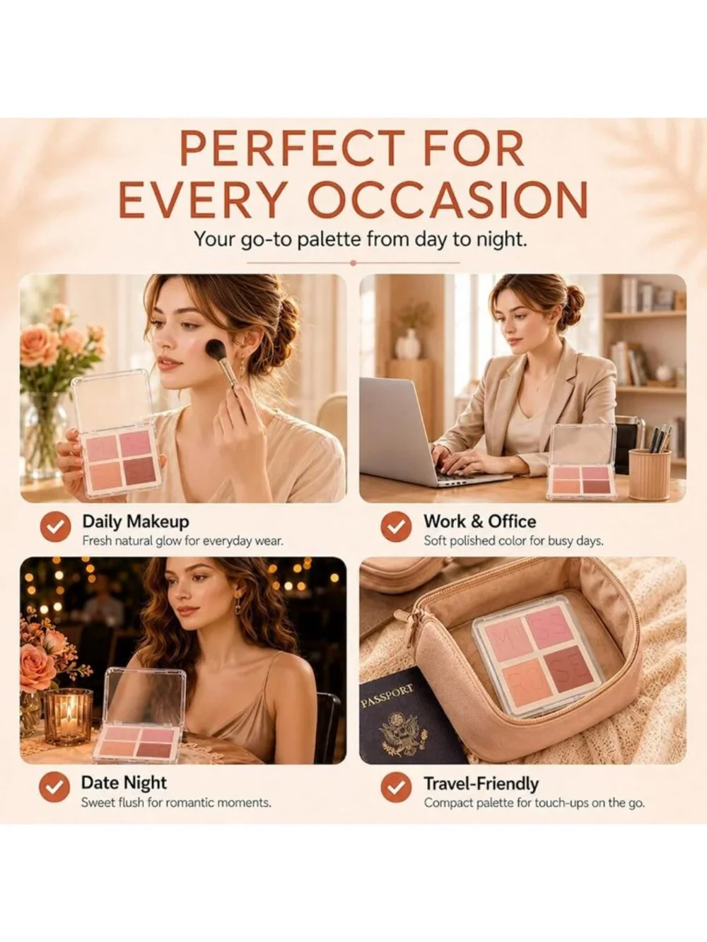 4-Color Matte Blush Palette - Highly Pigmented, Silky Smooth, Long-Lasting Cheek